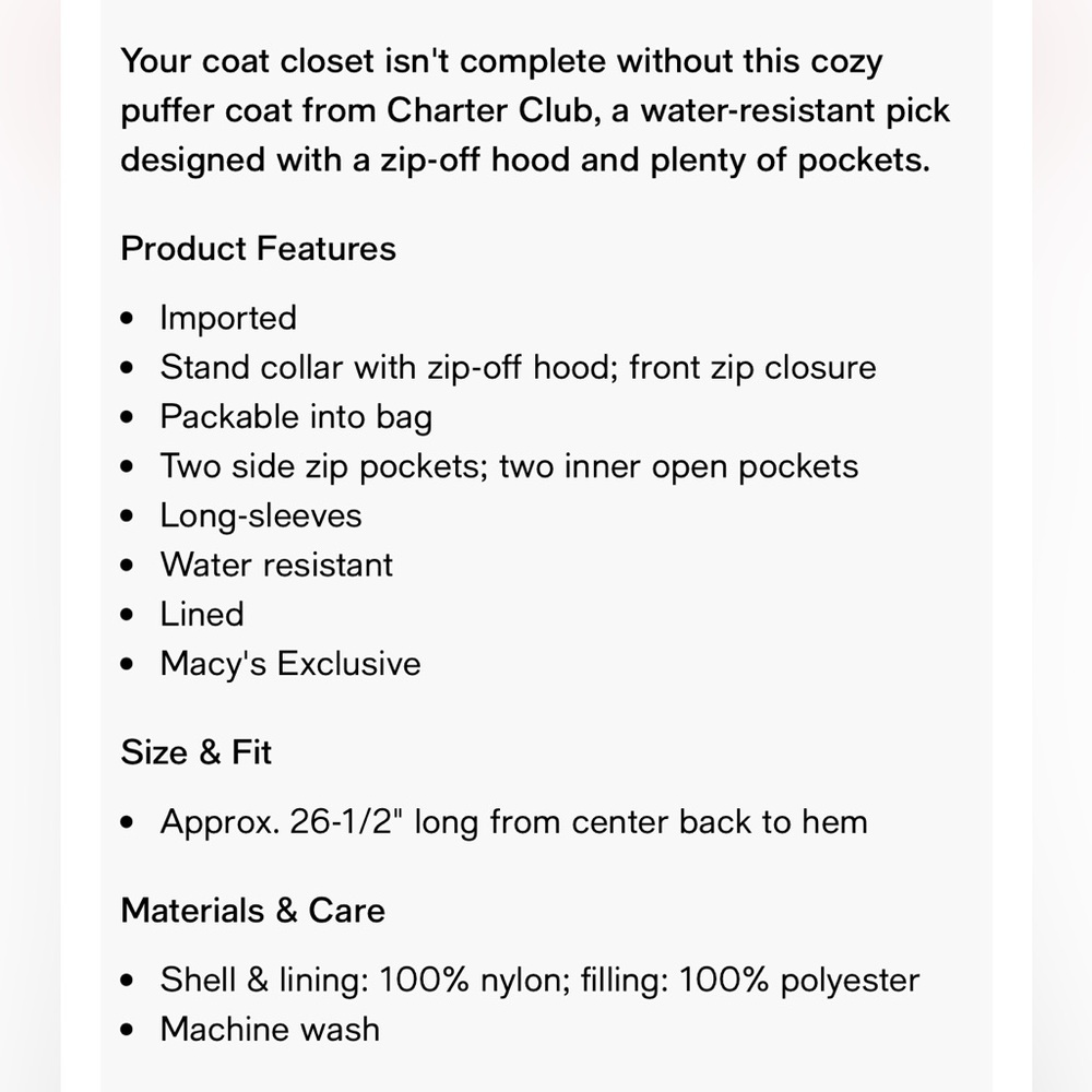 NWT Charter Club Packable Puffer Jacket, S - Picture 9 of 9